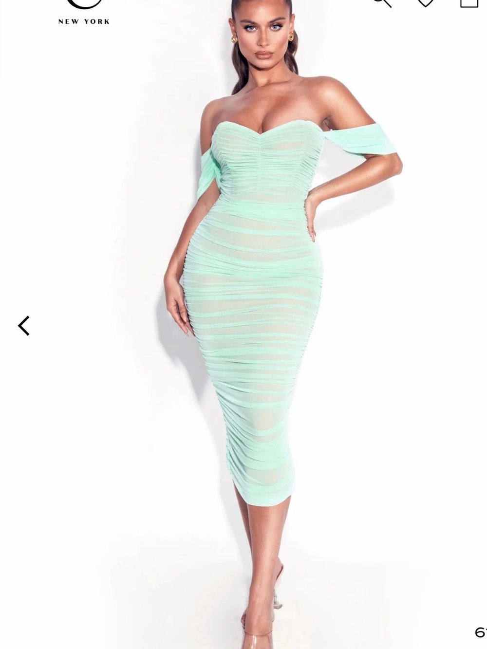 Mint Green Off the Shoulder Ruched mesh Midi Dress